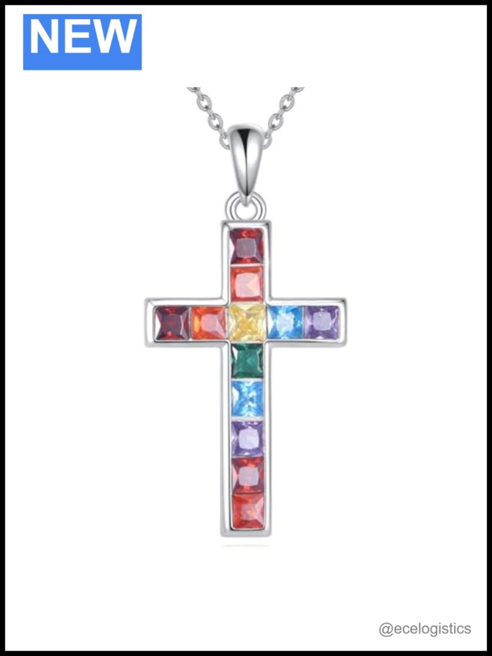 925 Sterling Silver Rainbow Cross Pendant Necklace 18-20" Pride